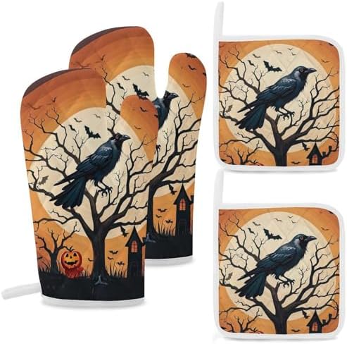 Raven Halloween Oven Mitts Pot Holders Set - Festive 4-Piece Heat-Resistant Gloves
