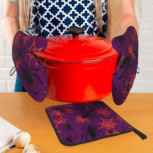 Scary Halloween Spider Web Oven Mitts Set of 3 with Pot Holders
