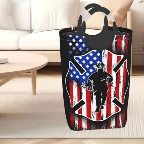 Collapsible Laundry Basket with Firefighter American Flag Pattern