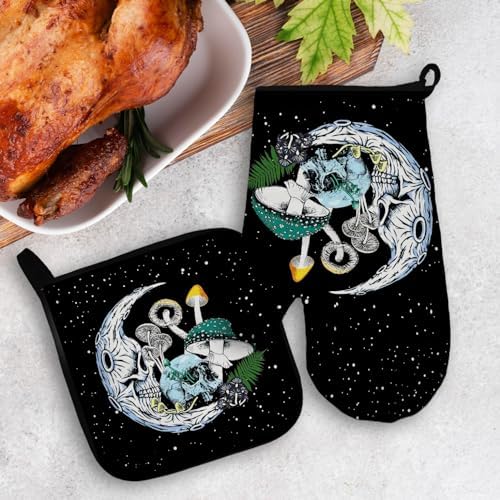 Mingnei Goth Skull Mushroom Oven Mitts Pot Holder Set for Kitchen Use