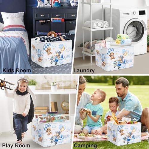 Clastyle 36L Blue Pilot Bear Collapsible Storage Basket for Kids