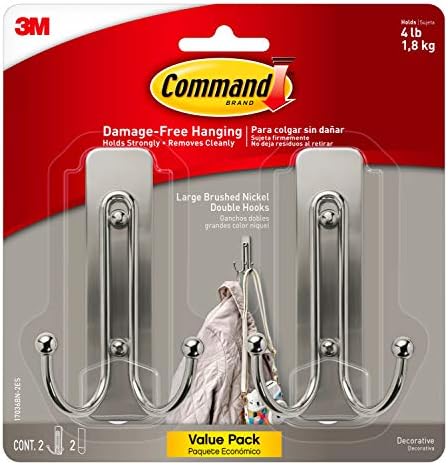 Command Large Brushed Nickel Double Hooks