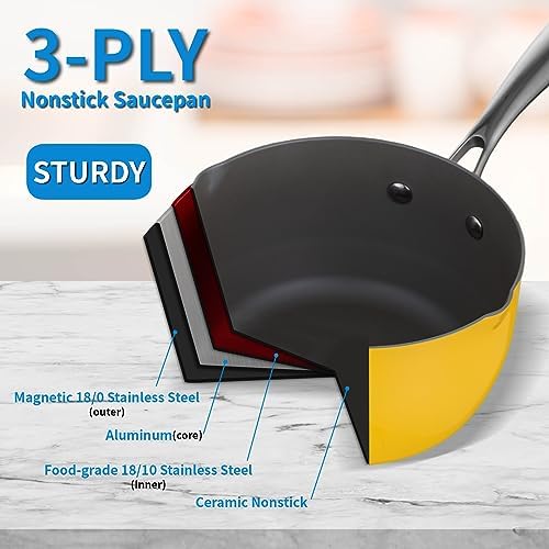 SLOTTETCeramic Tri-Ply Nonstick Saucepan 25 Quart Multipurpose Pot with Steamer Glass Lid