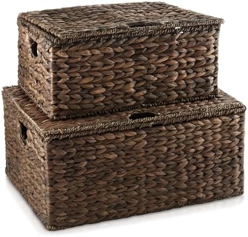 Casafield Set of 2 Water Hyacinth Rectangular Storage Baskets with Lids MediumLarge