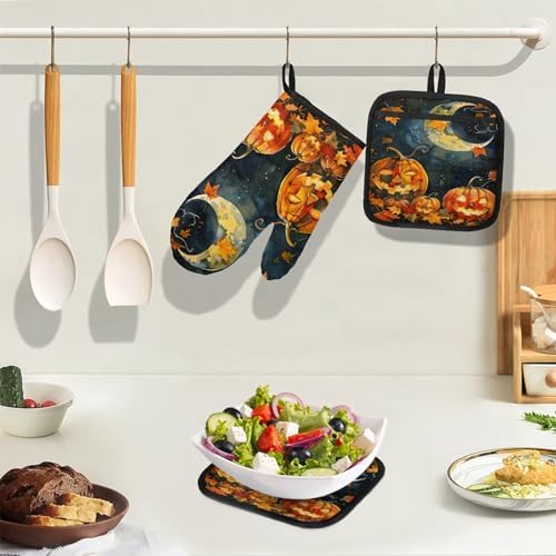 TropicalLife Halloween Pumpkin Oven Mitts and Pot Holders Set