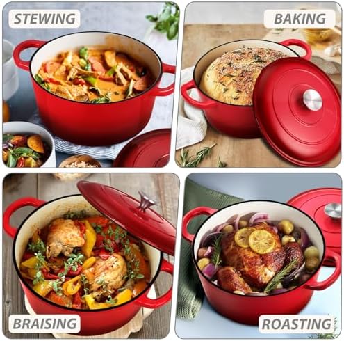 Joyfair Premium Cast Iron Dutch Oven Pot with Lid 5 QT Red