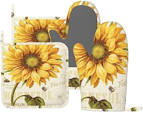 4-Piece Heat Resistant Sunflowers Oven Mitt Set