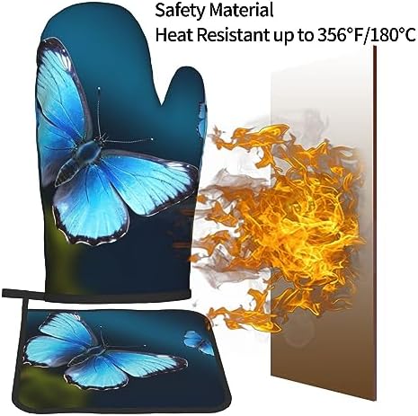 Beautiful Blue Butterfly Printed 2-Piece Set of Oven Mitt and Pot Holder