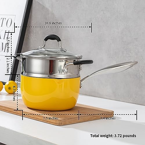 SLOTTETCeramic Tri-Ply Nonstick Saucepan 25 Quart Multipurpose Pot with Steamer Glass Lid