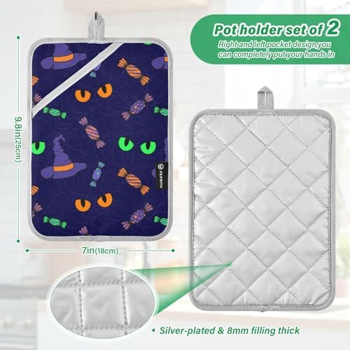 Cute Halloween Potholders Cat Eye 2 Piece Heat Resistant Kitchen Pots