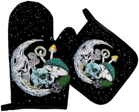 Mingnei Goth Skull Mushroom Oven Mitts Pot Holder Set for Kitchen Use
