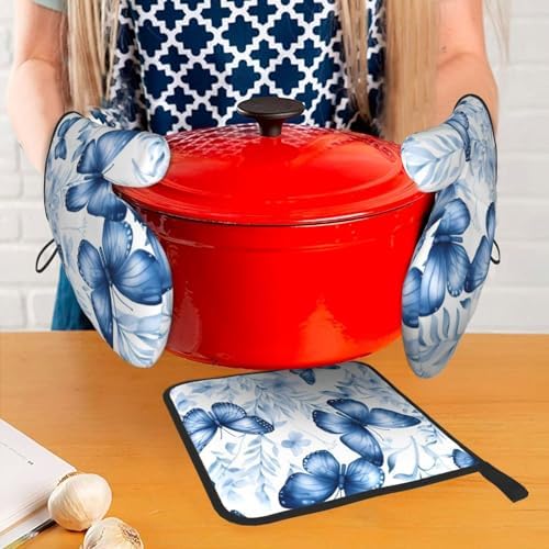 Oven Mitts Set for Grilling Baking Heat-Resistant with Hanging Loops