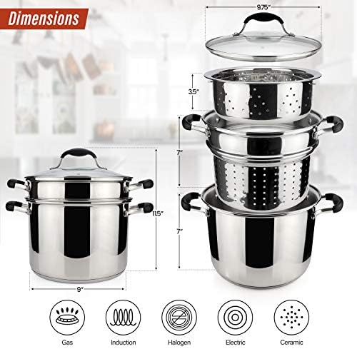 AVACRAFT 4 Piece Stainless Steel Pasta Pot Set with Strainer and Steamer Basket