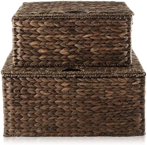 Casafield Set of 2 Water Hyacinth Rectangular Storage Baskets with Lids MediumLarge