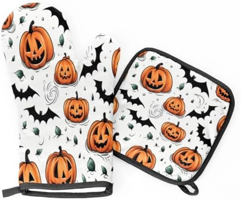 Pumpkin Halloween Bats Oven Mitts Pot Holders Set