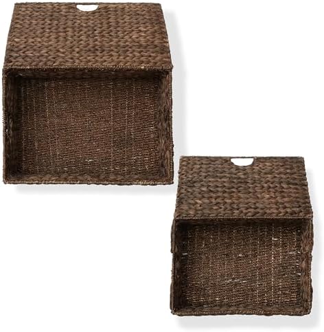 Casafield Set of 2 Water Hyacinth Rectangular Storage Baskets with Lids MediumLarge