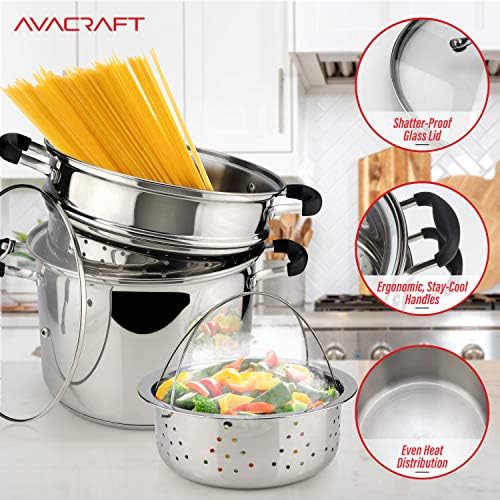 AVACRAFT 4 Piece Stainless Steel Pasta Pot Set with Strainer and Steamer Basket