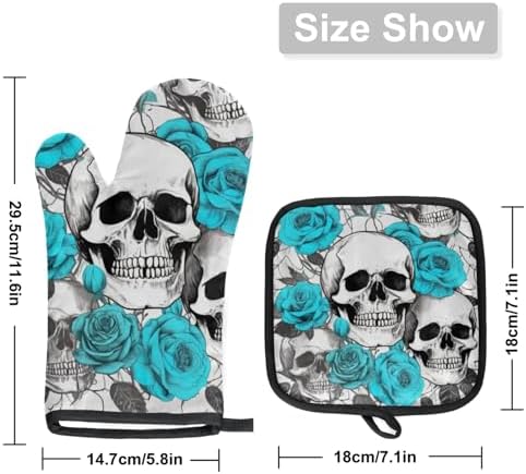 Halloween Flower Skulls Oven Mitts and Potholders Set of 2 Spooky Kitchen Gloves