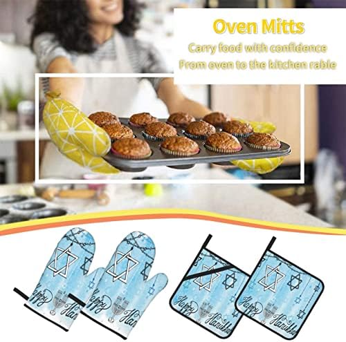 Happy Hanukkah Heat Resistant Oven Mitts and Pot Holders Set