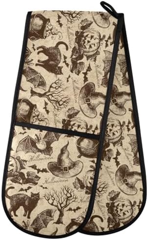 ZZXXB Halloween Cat Bat Double Oven Mitt Heat-Resistant Kitchen Gloves
