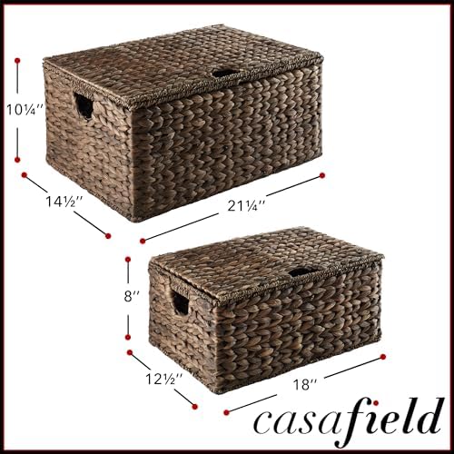 Casafield Set of 2 Water Hyacinth Rectangular Storage Baskets with Lids MediumLarge