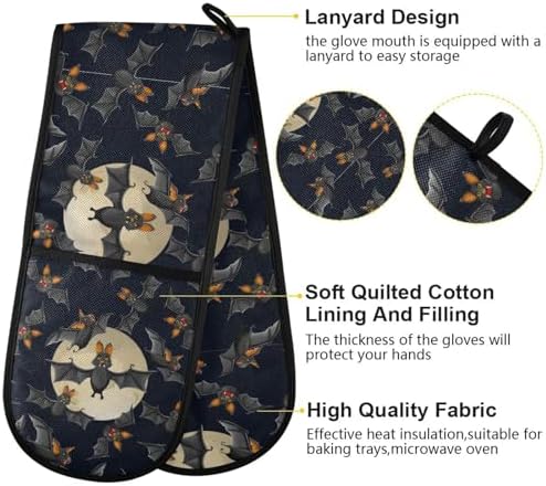 Halloween Transitional Double Oven Mitts with flying bats and full moon