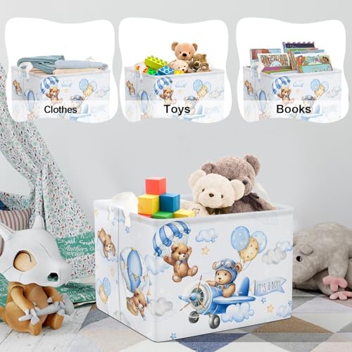 Clastyle 36L Blue Pilot Bear Collapsible Storage Basket for Kids