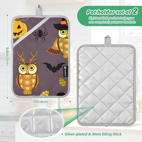 2Pcs Halloween pumpkin owl pot holder set non-slip oven mitts