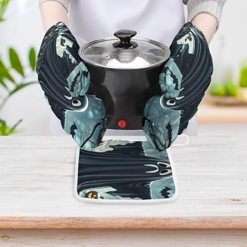 Black and Halloween Ghost Oven Gloves 3-Piece Set