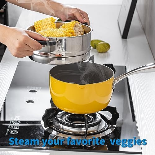 SLOTTETCeramic Tri-Ply Nonstick Saucepan 25 Quart Multipurpose Pot with Steamer Glass Lid