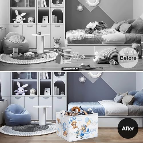 Clastyle 36L Blue Pilot Bear Collapsible Storage Basket for Kids
