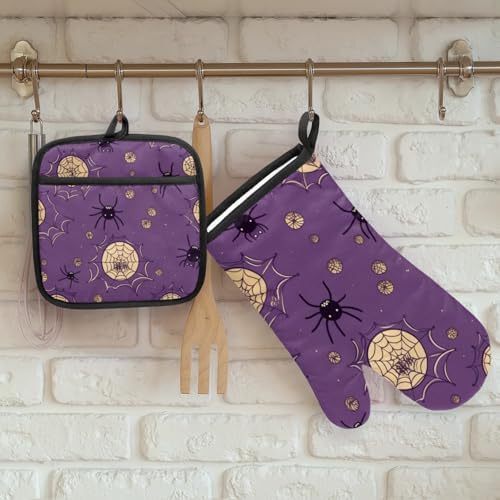 Halloween Bat Spider Webs Oven Mitts and Pot Potholders Set of 2