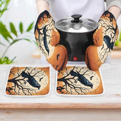 Raven Halloween Oven Mitts Pot Holders Set - Festive 4-Piece Heat-Resistant Gloves