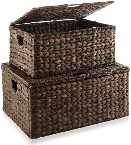 Casafield Set of 2 Water Hyacinth Rectangular Storage Baskets with Lids MediumLarge