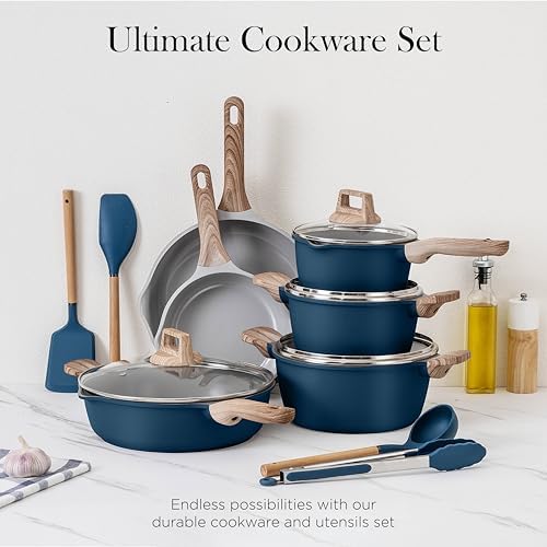 Country Kitchen 14-Piece Nonstick Cookware Set with Utensils Navy