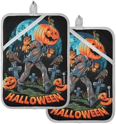 2Pcs Halloween Pumpkin Headed Pot Holders Non Slip with Pockets