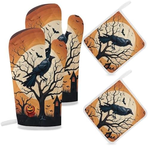 Raven Halloween Oven Mitts Pot Holders Set - Festive 4-Piece Heat-Resistant Gloves