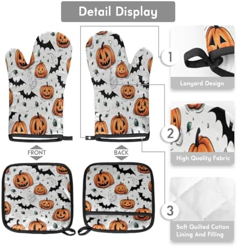 Pumpkin Halloween Bats Oven Mitts Pot Holders Set