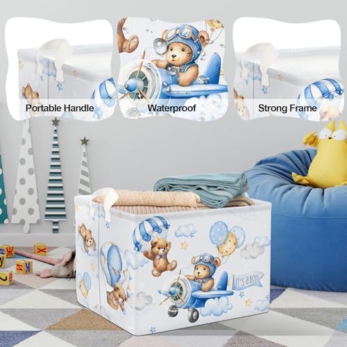 Clastyle 36L Blue Pilot Bear Collapsible Storage Basket for Kids