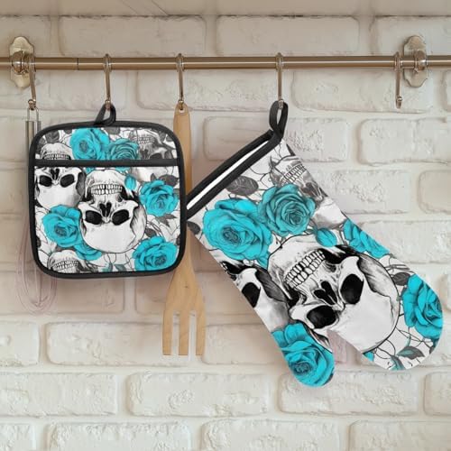 Halloween Flower Skulls Oven Mitts and Potholders Set of 2 Spooky Kitchen Gloves