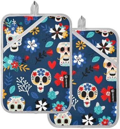 OURVII 2Pcs Day of The Dead Pot Holder Set