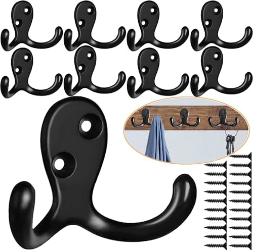 MsBongHeavy Duty Dual Coat Hooks Set for Key Hat Umbrella Black