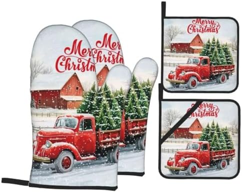 Merry Christmas 4-Piece Pot Holder Oven Mitt Set
