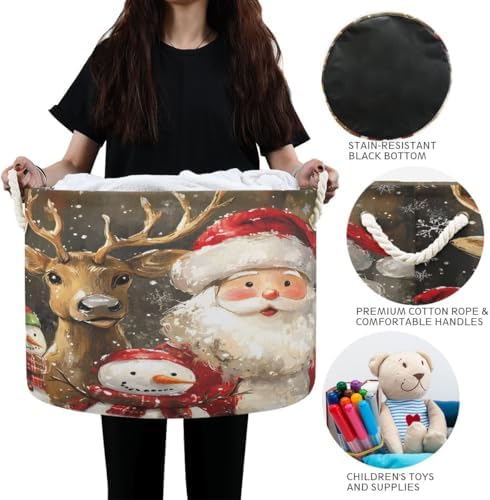 SUABO Reindeer Santa Snowman Canvas Laundry Basket with Handle