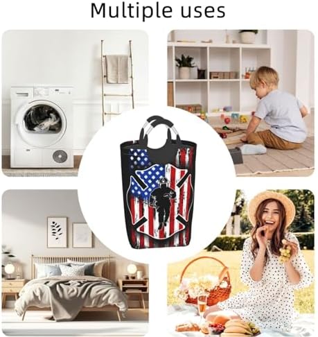 Collapsible Laundry Basket with Firefighter American Flag Pattern