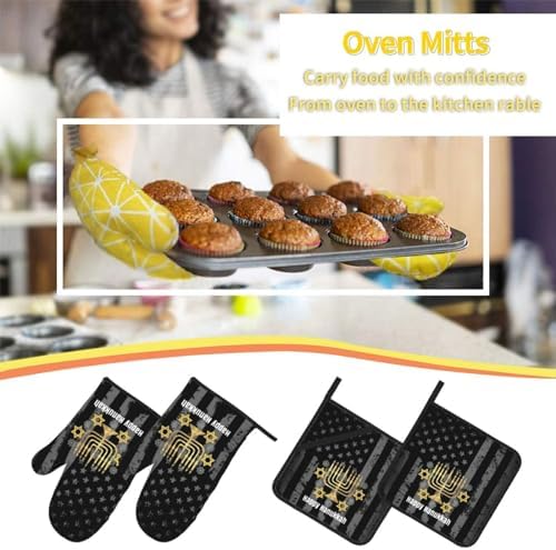 Rqwaaed Happy Hanukkah Oven mitt Set 4-Piece Heatresistant