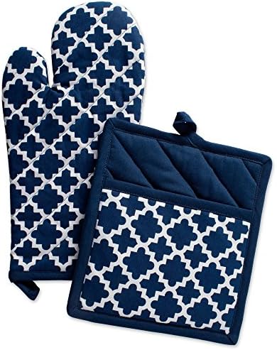 DII Lattice Basics Collection Potholder Oven Mitt Set Nautical Blue 2 Piece