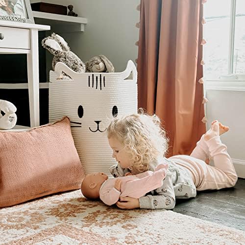 Sturdy Soft Cat Face Laundry Basket for Kids Pets White 16x20
