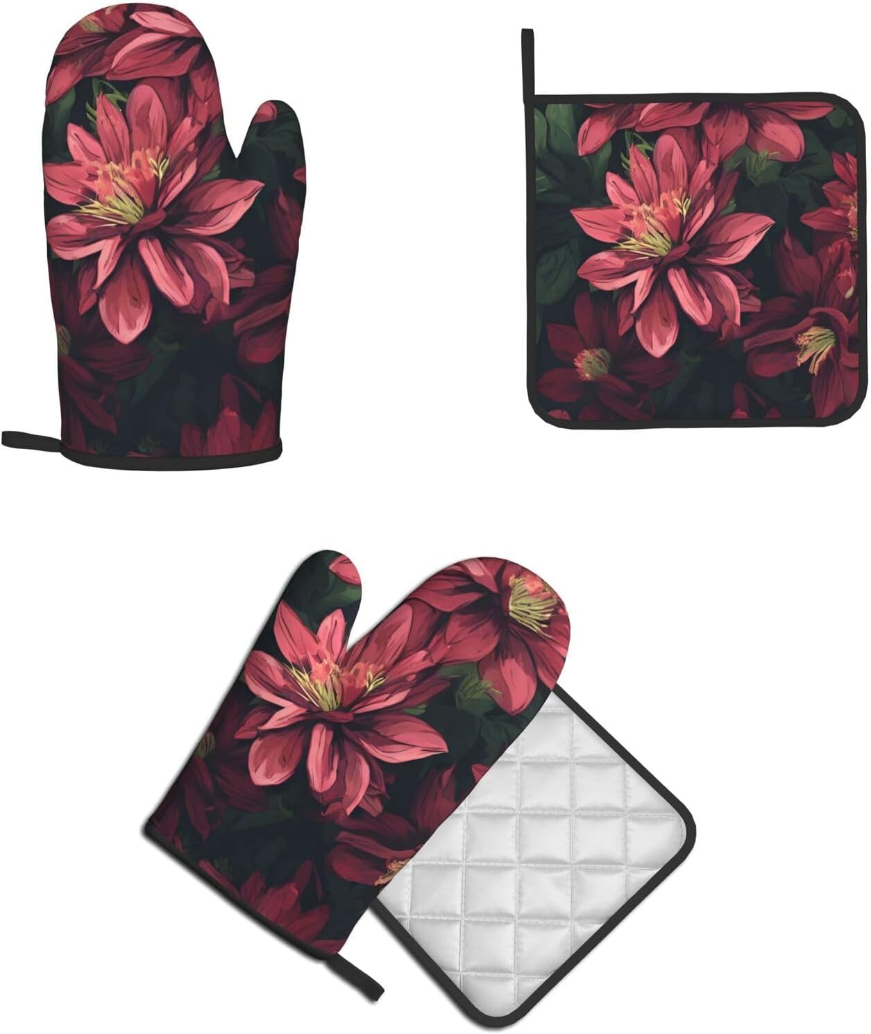 Triangle Flower-Printed Oven Mitts and Pot Holders 2pc Set