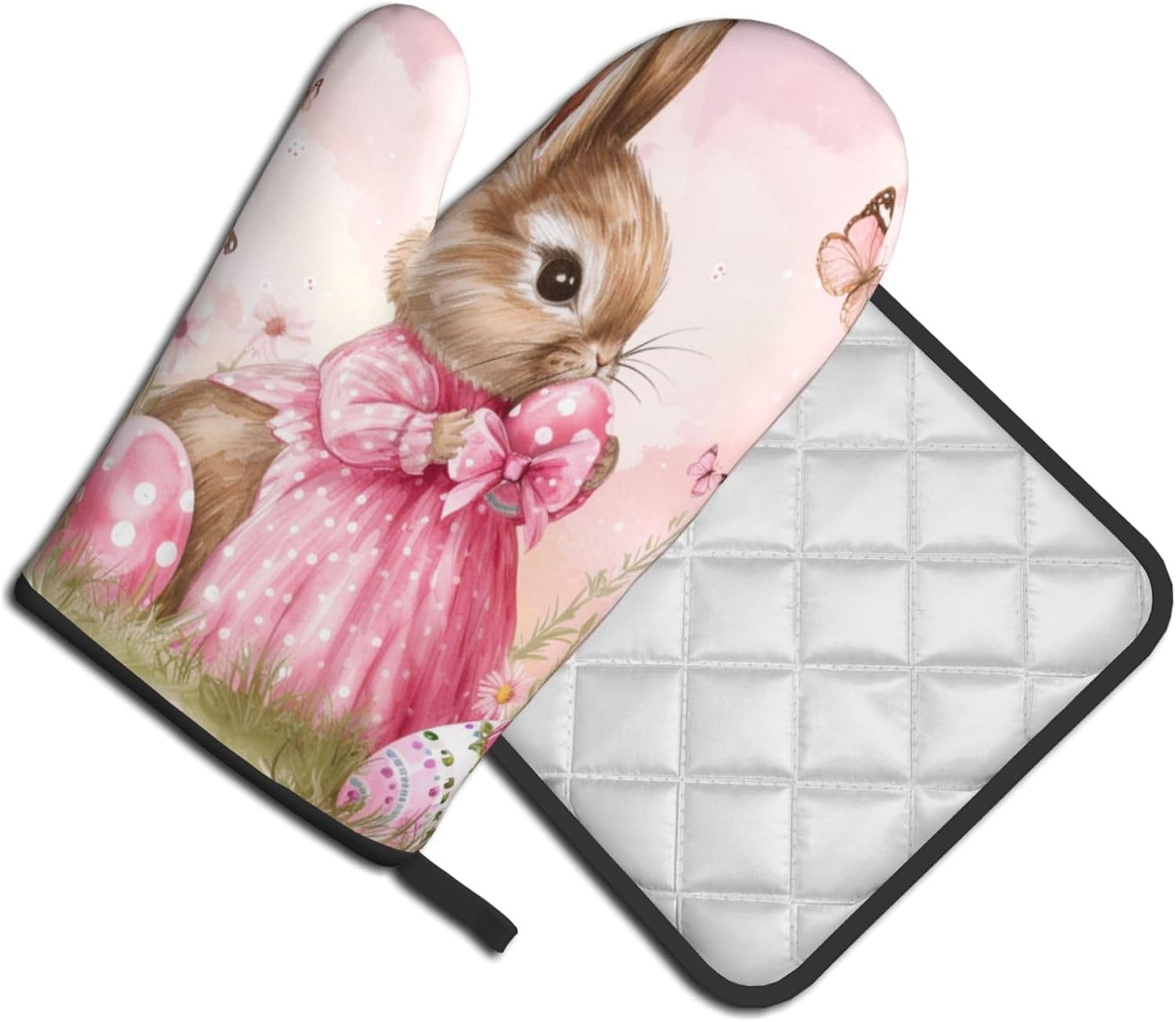 Easter Bunny with Butterflies Pot Holder and Oven Mitt Set